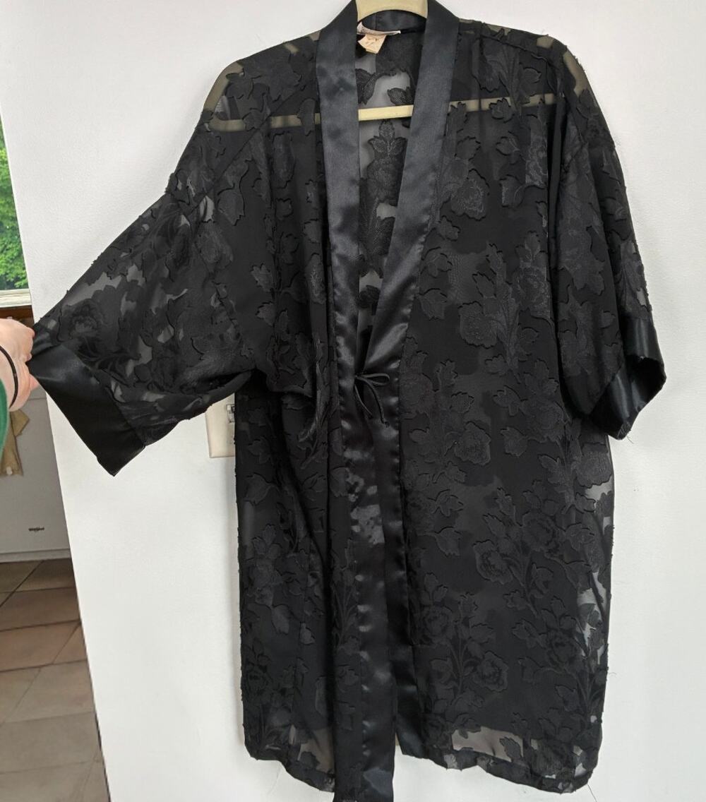 Vintage Black Sheer Floral Burnout Kimono Duster Size L Whimsigoth Witchy Robe